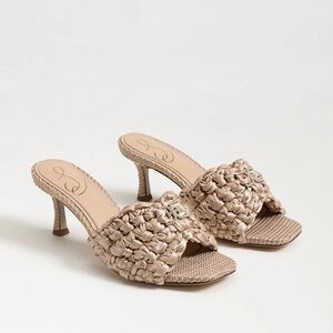 Sam Edelman Paisley Satin Logo Kitten Heel Mule Sandals in Ecru Ribbon Sz 9.5